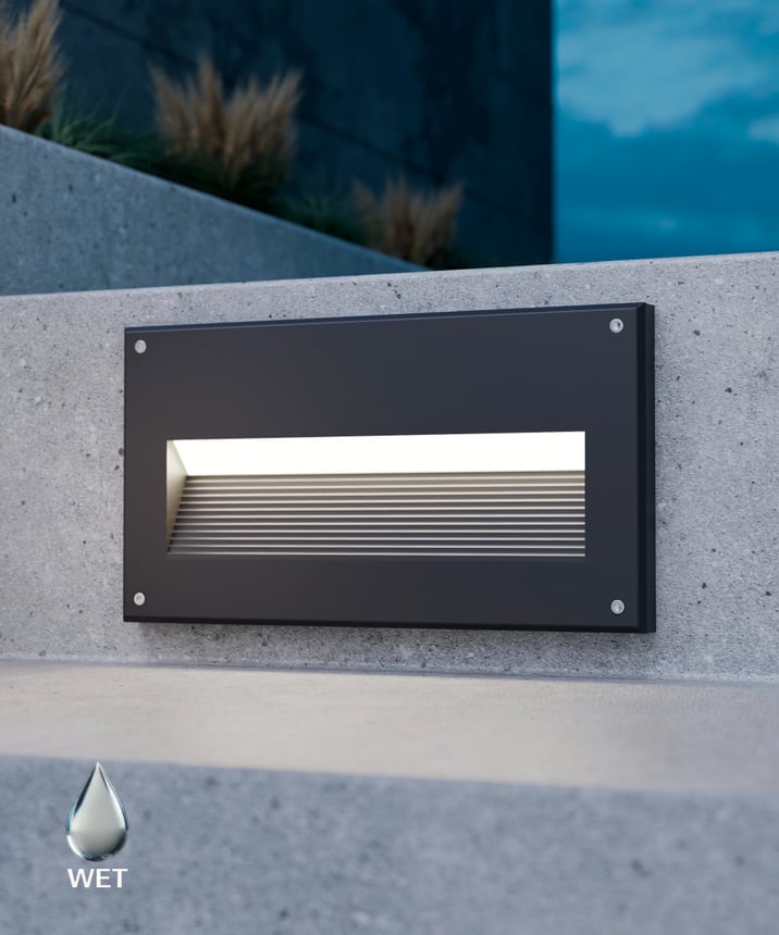 Alcon 9607 recessed wall-mounted baffled LED step light showed in black finish
