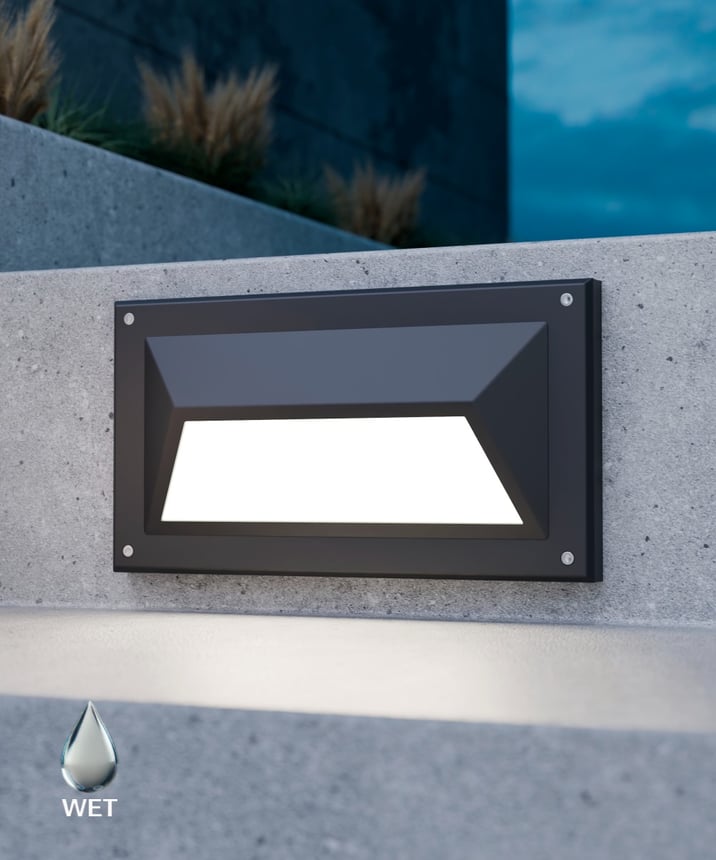 Alcon 9608 recessed angled LED step light showed in black finish