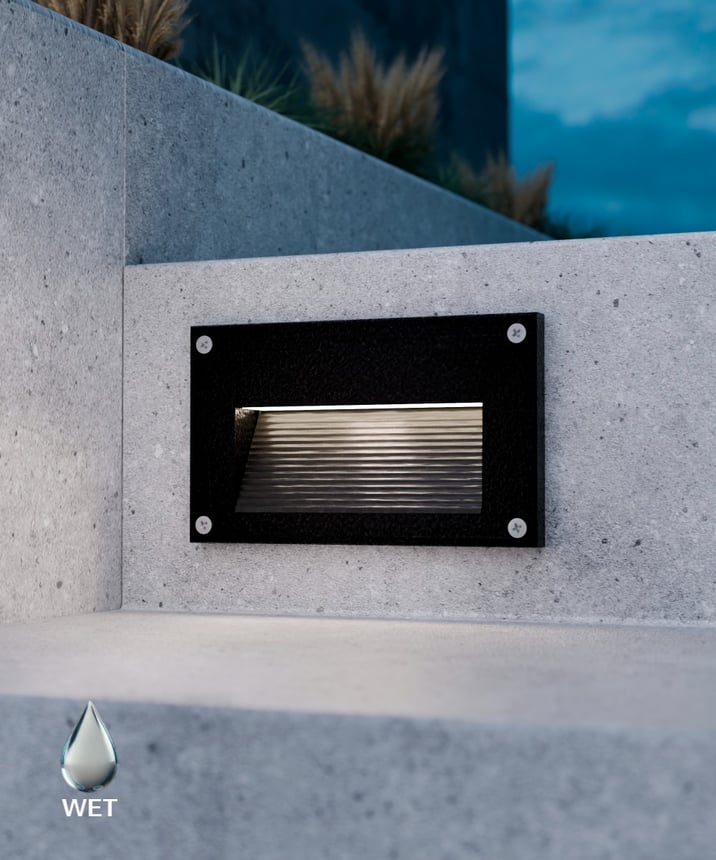 Alcon 9609 rectangular louvered LED step light showed in black finish