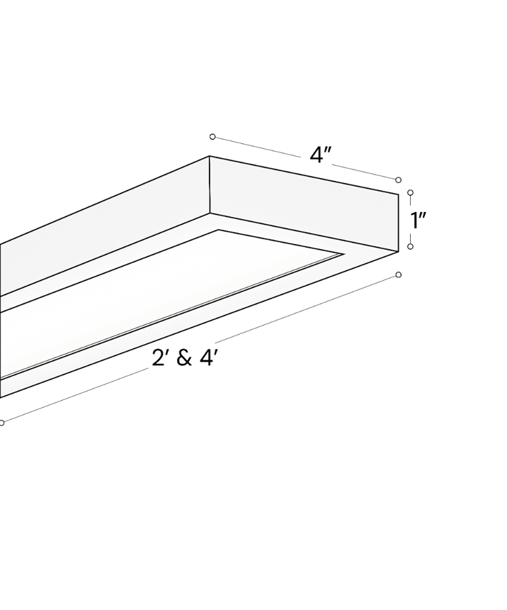 Alcon 14054-S-4 4-Inch Architectural Surface Mount LED Linear Flat Panel shown in white finish for indoor use with 2-foot and 4-foot length options, 4" width, and 1" height.