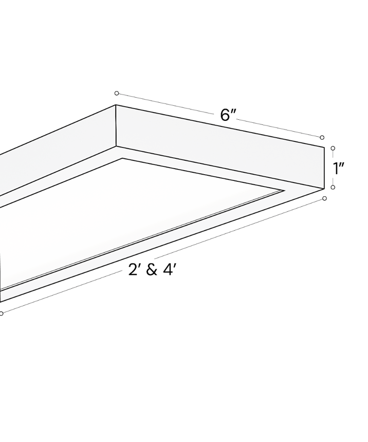 Alcon 14054-S-6 6-Inch Architectural Surface Mount LED Linear Flat Panel shown in white finish for indoor use with 2-foot and 4-foot length options, 6" width, and 1" height.