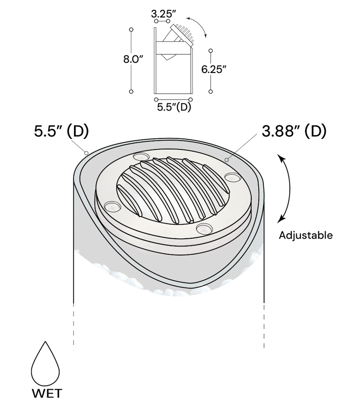 Alcon 9025 Low-Voltage 6-Inch Adjustable In-Ground LED Well Light shown in a stainless steel finish.