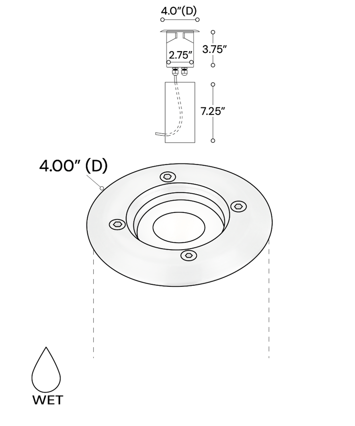 Alcon 9039 Low-Voltage 4-Inch In-Ground LED Well Light shown in a stainless steel finish.