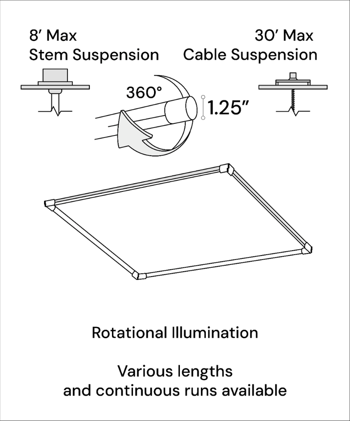 1-Inch Rotatable Square Suspended Linear Tube Light System