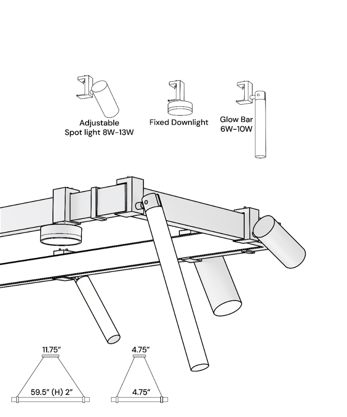 Alcon 15110 Modular Track System shown in Black on a 59.5" length, 18.75" width, and 2" height track and 11.75" length, 4.75" width, and 1.75" height canopy with 5 accessories