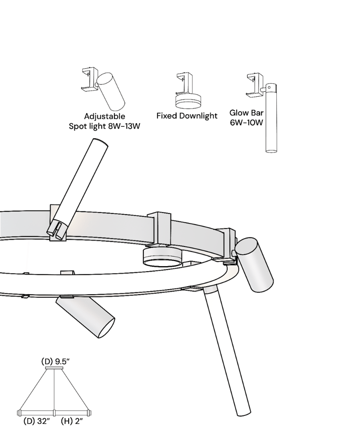 Alcon 15115 Modular Track System shown on a black finish, 32" diameter, 2" height track and 9.5" diameter and 1.75" height canopy with 5 accessories