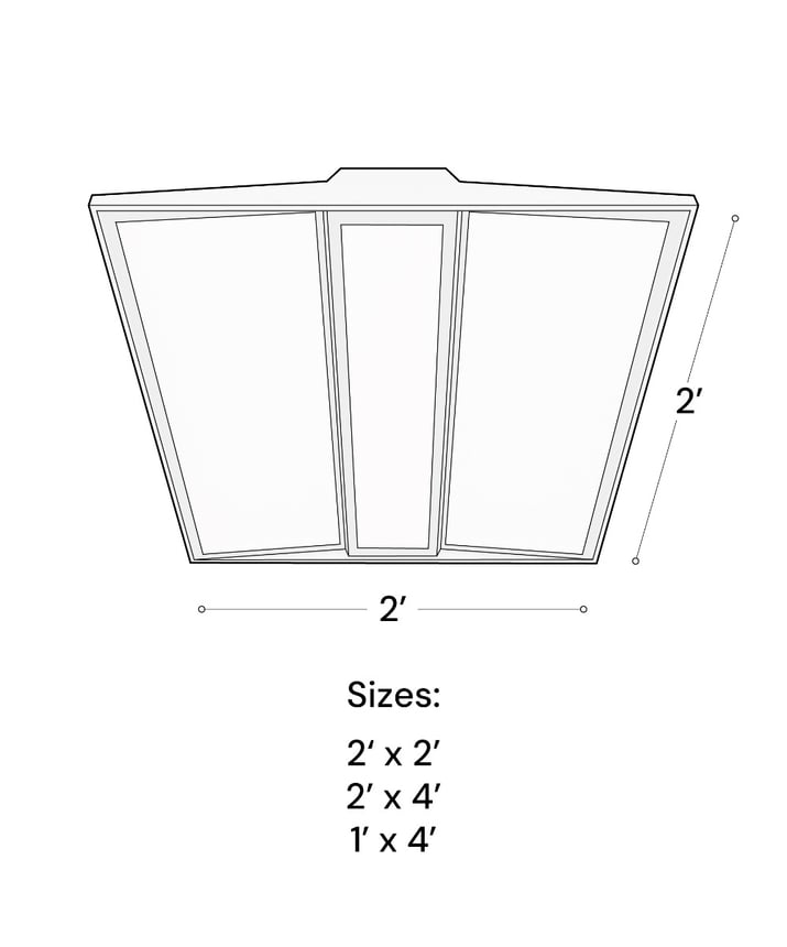 Alcon 14125 Recessed Volumetric Flat-Panel LED Troffer Light shown in a Silver finish, available in 2’x2’, 2'x4' and 1’x4’ sizes