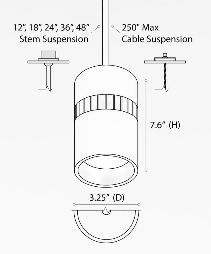 Alcon 12301-4-P, suspended commercial cylindrical pendant light shown with white fins and white housing finish.