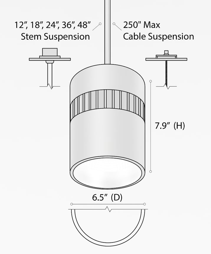 Alcon 12301-6-P, suspended commercial cylindrical pendant light shown with black fins and black housing finish.