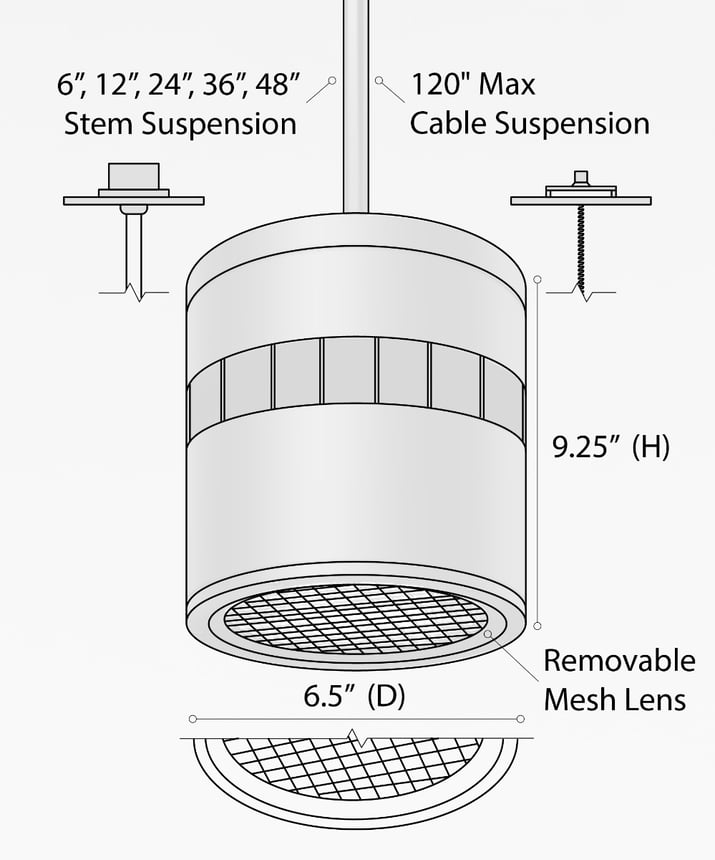 Alcon 12301-8-P, suspended commercial cylindrical pendant light shown with black fins and black housing finish.