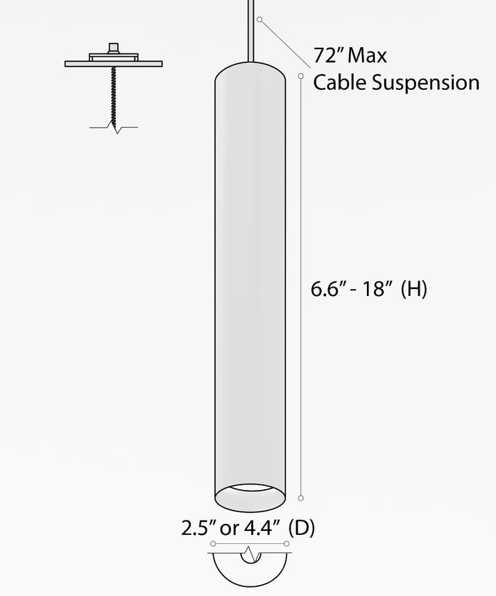 Alcon 12305-P, suspended commercial cylindrical pendant light shown in black finish.