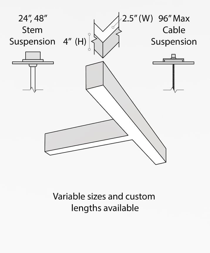 12100-20-P-T T-shaped LED linear pendant light shown in black finish, 2-inch flush lens and aircraft cable suspension