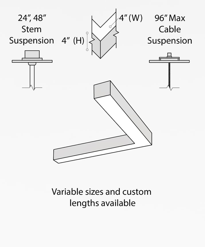 12100-40-P-L L-shaped LED linear pendant light shown in black finish, 4-inch flush lens and aircraft cable suspension