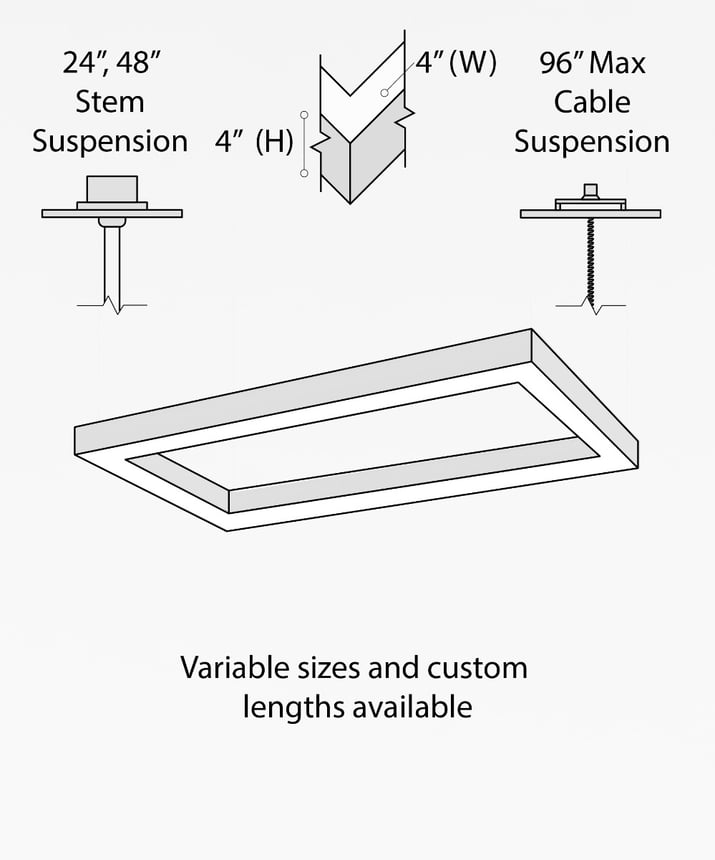 12100-40-P-RC rectangular LED linear pendant light with black finish, 4-inch flush lens and aircraft cable suspension