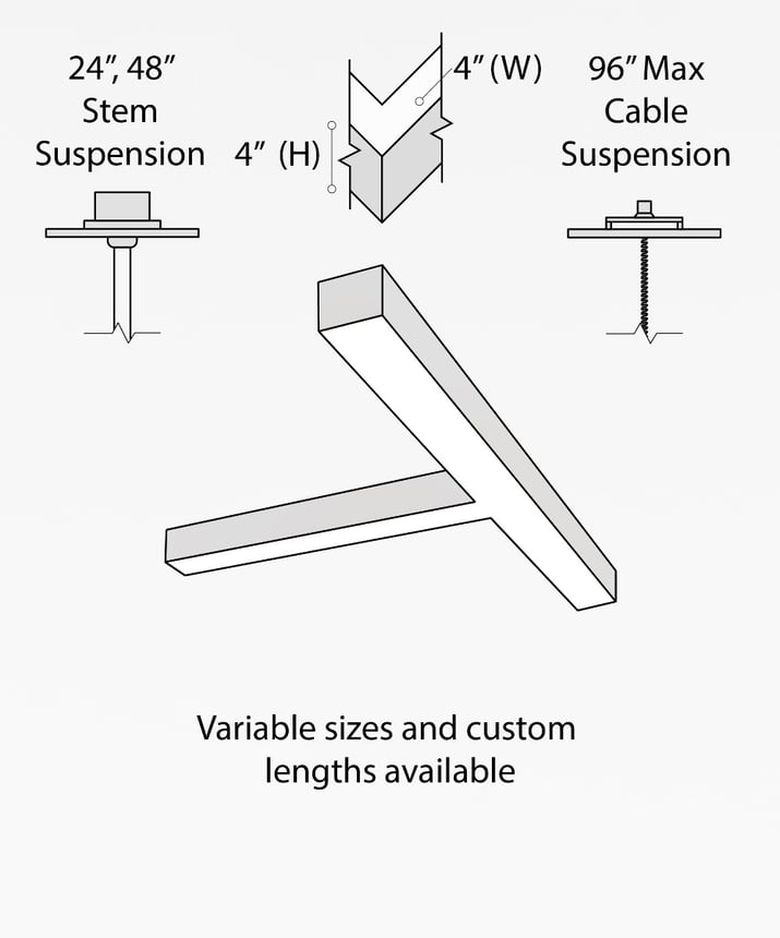 12100-40-P-T T-shaped LED linear pendant light shown in black finish, 4-inch flush lens and aircraft cable suspension