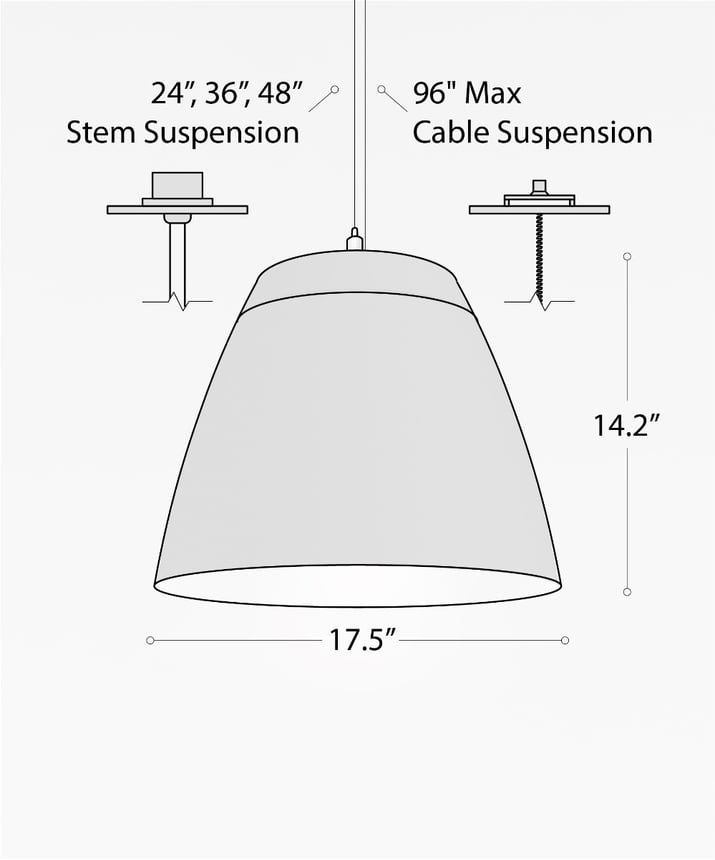 Alcon 15230, suspended commercial pendant light shown in black finish and with a cut-top open dome housing with gold interior.