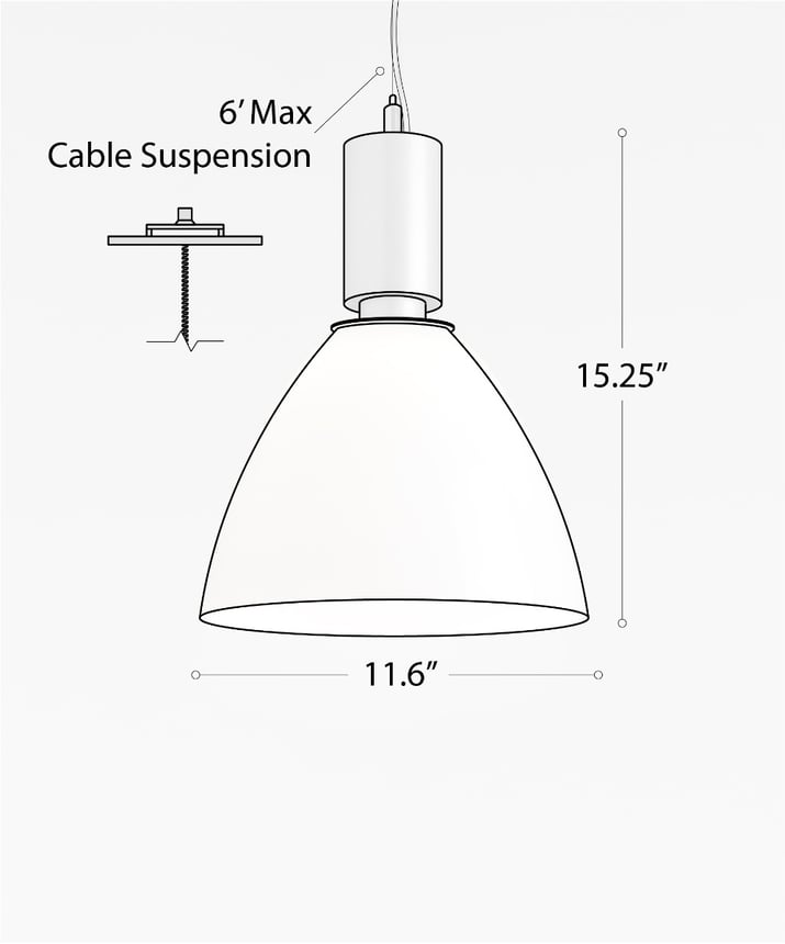 Alcon 15235, suspended commercial pendant light shown in silver finish and with an open bowl-shaped white acrylic lens.