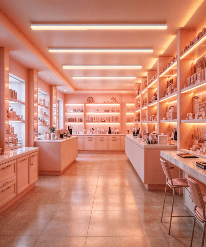 Application of the 12100-10-S 1-Inch Slim Surface Light in the ceiling of a beauty products store.