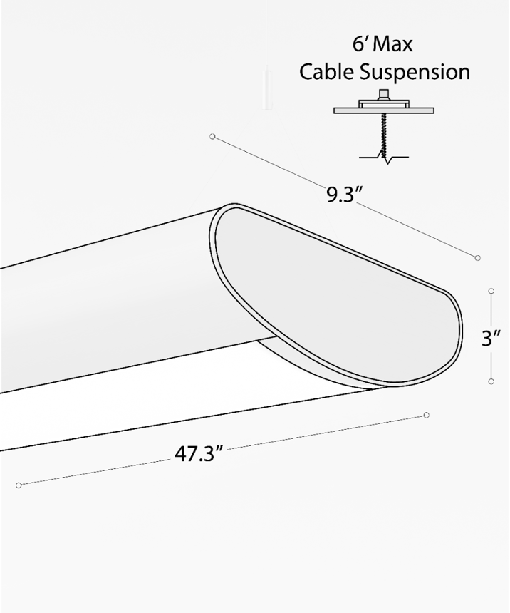 12032 half-oval LED linear light shown in steel finish with central, curved frosted lens and aircraft cable suspension