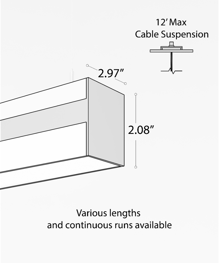 Alcon 12100-2-P, suspended linear ceiling light shown with a flush trim-less lens and dimensions.