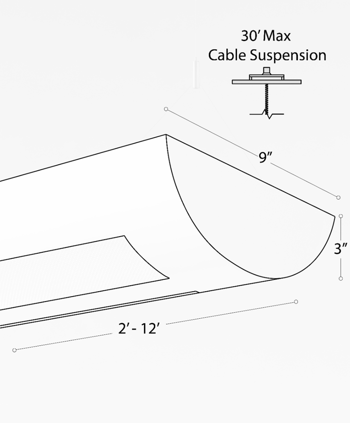 12106 half-moon linear suspension light shown in white finish and with white perforated panels on each side of the curve