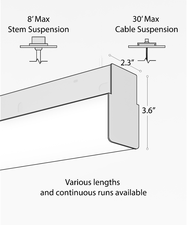 12171-P linear suspension light shown with a satin black finish, wrapped block lens and aircraft cable suspension