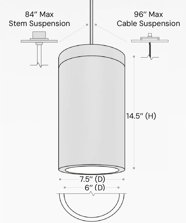  Alcon 12306-P, suspended commercial flush-lens cylindrical pendant light shown in black finish.