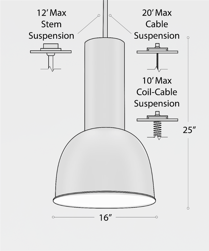 Product rendering of the 15204-16-AL dome pendant high and low bay pendant light shown with a black finish and stem mounting