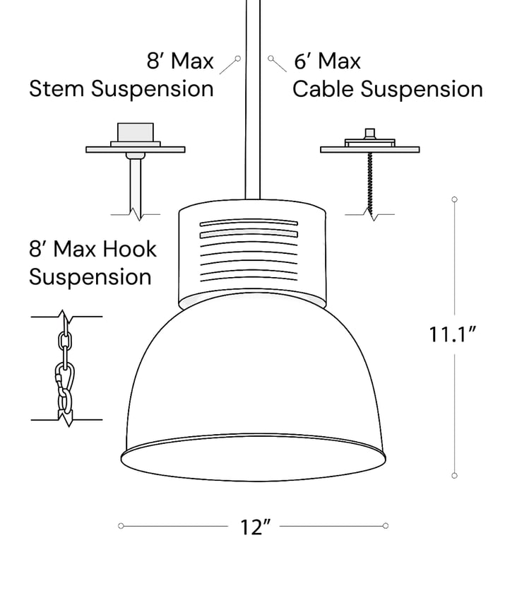 Line drawing showing the dimensions of the 15209-12 high bay and low bay LED light 