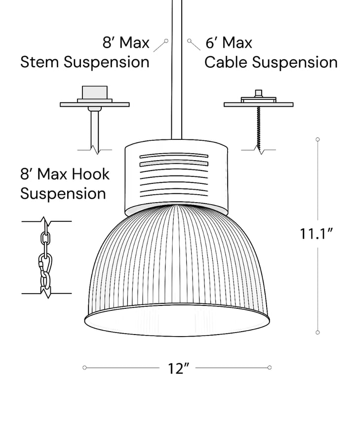 Line drawing showing the dimensions of the 15209-12 high bay and low bay LED light