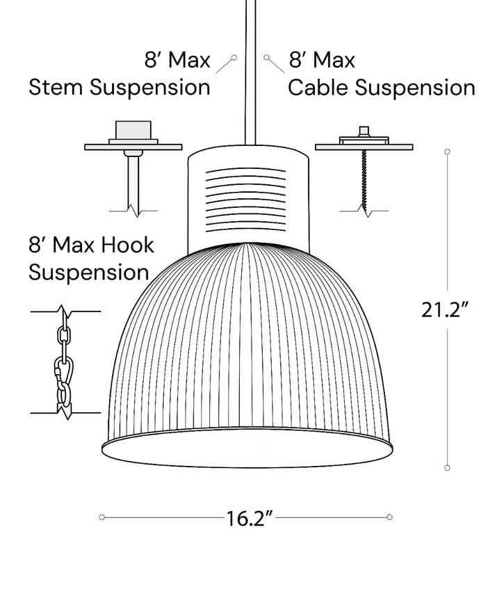 Line drawing showing the dimensions of the 15209-16 high bay and low bay LED light