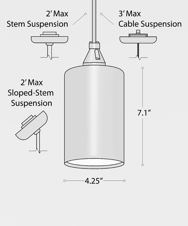 Alcon 12400-4P, suspended commercial cylindrical pendant light shown in black finish