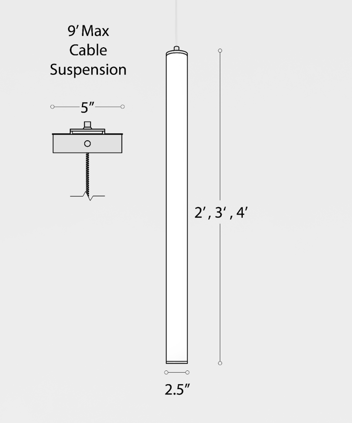 Alcon 12145 Suspended commercial vertical cylinder pendant shown with slim black end caps and 360 wrapping illuminated lens 
