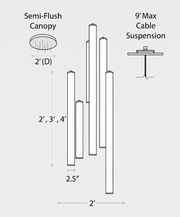 Alcon 12146-6R Suspended commercial vertical cylinder pendant shown with slim black end caps and 360 wrapping illuminated lens. Shown in a set of 6 at various lengths.