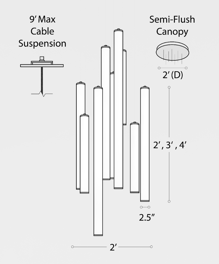 Alcon 12146-9R Suspended commercial vertical cylinder pendant shown with slim black end caps and 360 wrapping illuminated lens. Shown in a set of 9 at various lengths.