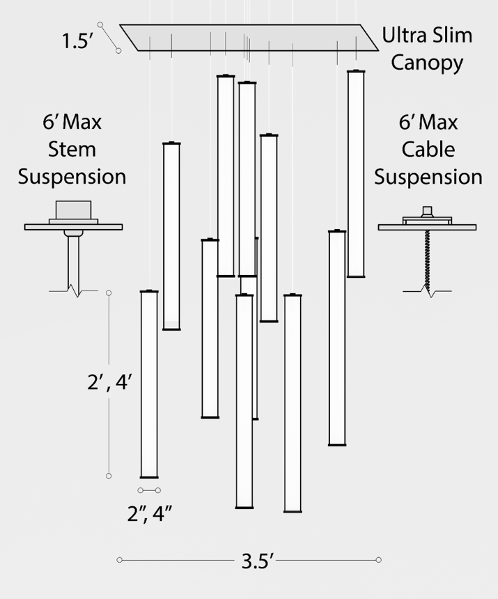 Alcon 12168-11 Linear pendant light shown with 11 cylindrical LED suspended tube lights.