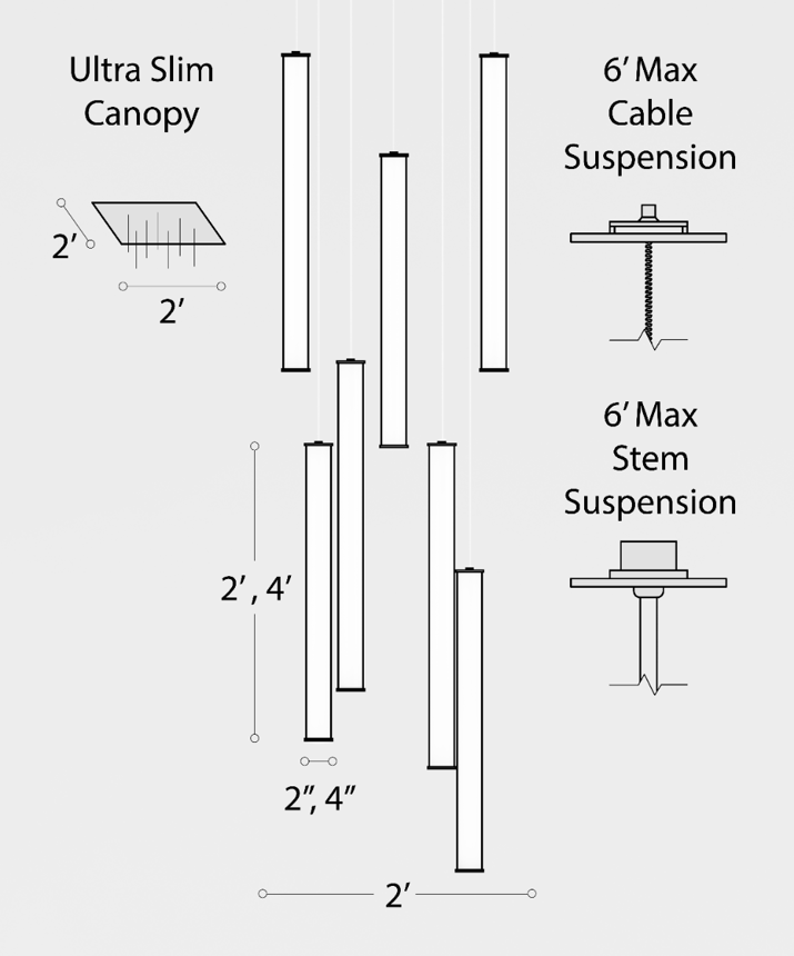 Alcon 12168-7 Linear pendant light shown with 7 cylindrical LED suspended tube lights.