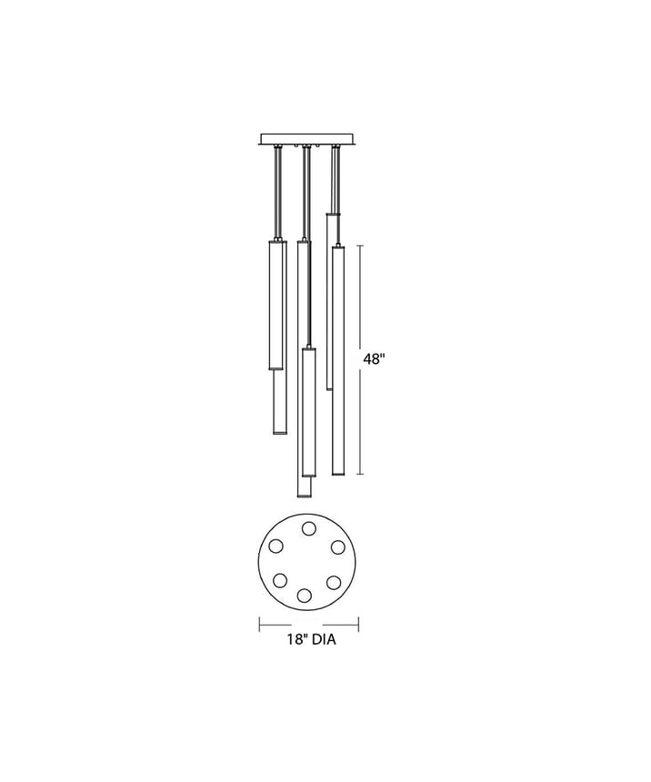 Alcon 12146-6R Suspended commercial vertical cylinder pendant shown with slim black end caps and 360 wrapping illuminated lens. Shown in a set of 6 at various lengths.