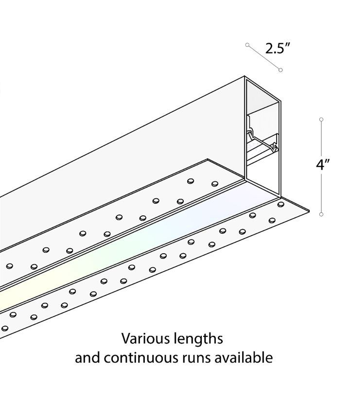 Alcon 12100-20-R-RGBW, recessed linear ceiling light shown in white finish, with a flush trim-less lens, and color changing capabilities. 