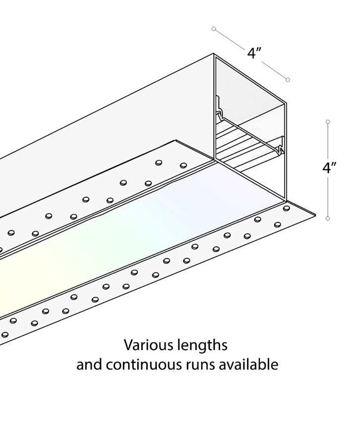 Alcon 12100-40-R-RGBW, recessed linear ceiling light shown in white finish, with a flush trim-less lens, and color changing capabilities. 