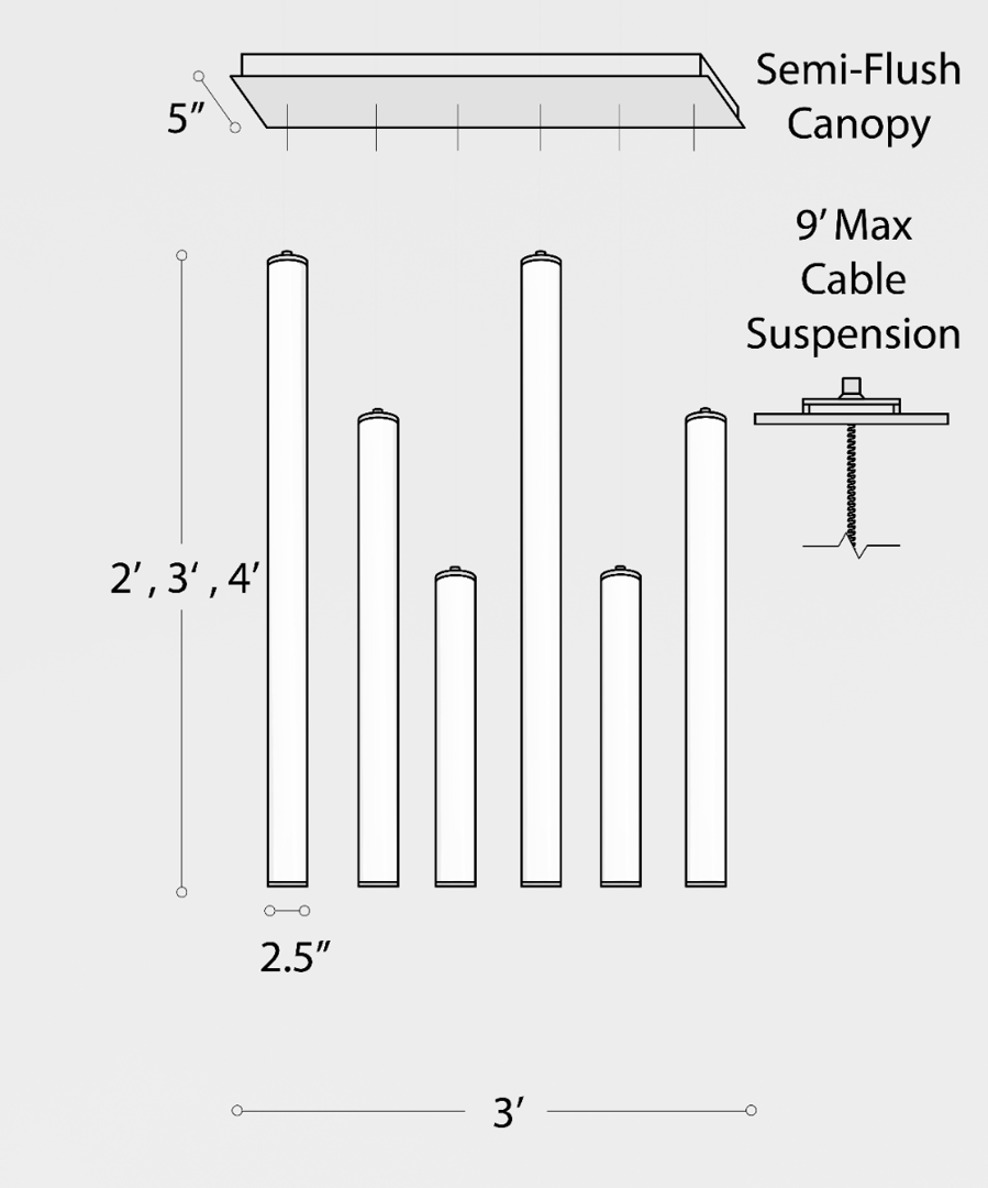 Architectural 6-Light Linear Canopy LED Tube Suspension Light