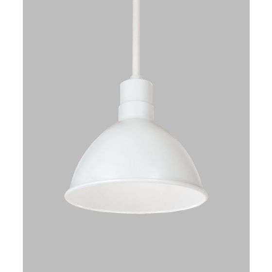 Alcon 15240-10, suspended commercial pendant light shown in black finish and with an open dome housing.