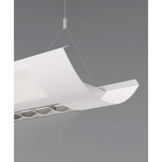 Alcon 12030-P-VE half-moon shaped suspended pendant light shown in white finish with perforated side lights and central curved louvered lens.