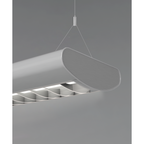 Alcon 12031-P-VE rounded half-moon shaped suspended pendant light shown in steel finish with central curved louvered lens.