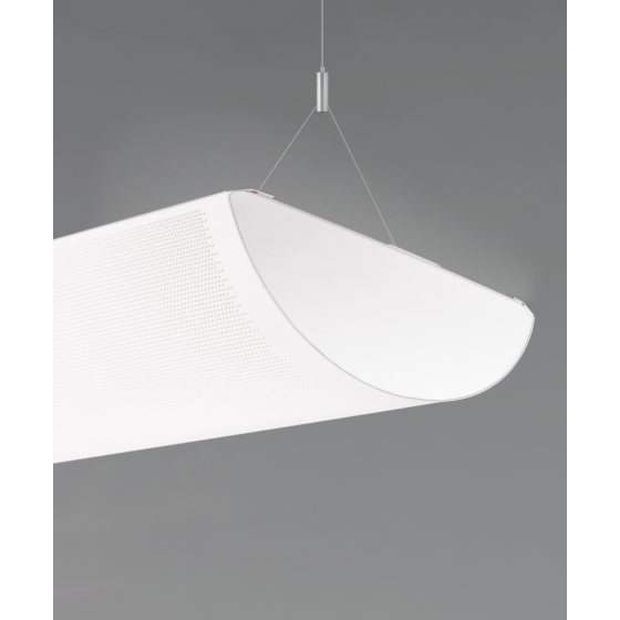 Alcon 12033-P-VE half-moon shaped suspended pendant light shown in white finish with wrapping curved perforated lens.