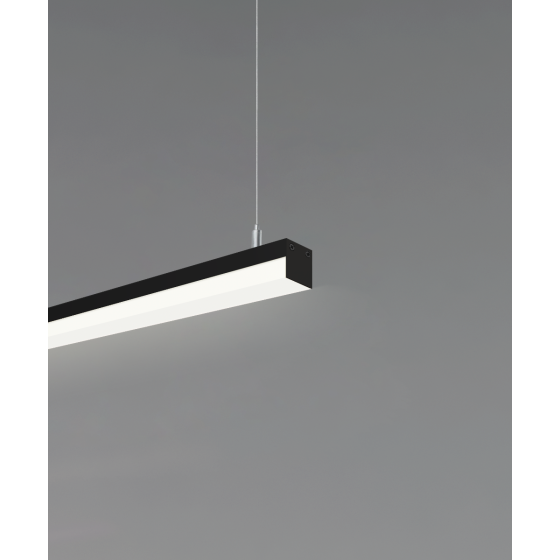 Suspended pendant light shown with black finish and side-wrapping lens