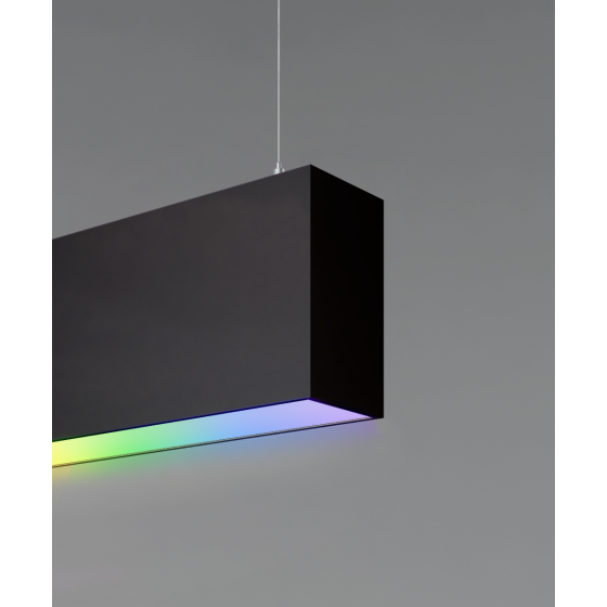 12100-20-P-RGBW suspended color changing pendant light shown with black finish and flush lens