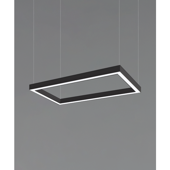 12100-20-RC-P, rectangular shaped suspended pendant light shown with black finish and flush lens