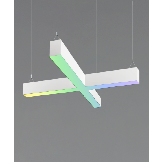 12100-20-X-P-RGBW x-shaped pendant light shown in a white finish and with RGB color changing capabilities.