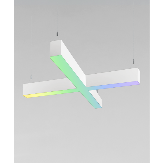 12100-20-X-P-RGBW x-shaped pendant light shown in a white finish and with RGB color changing capabilities.